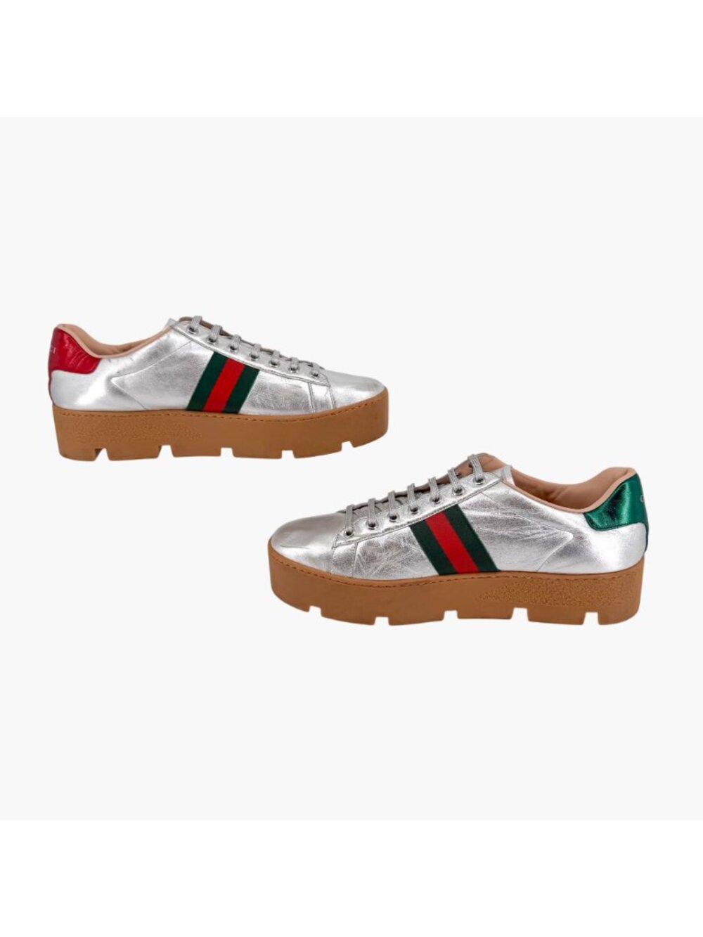 Gucci Ace Bee Silver Leather Platform Low Top Sneakers Shoes Size 41 US 11 Women - Picture 9 of 15